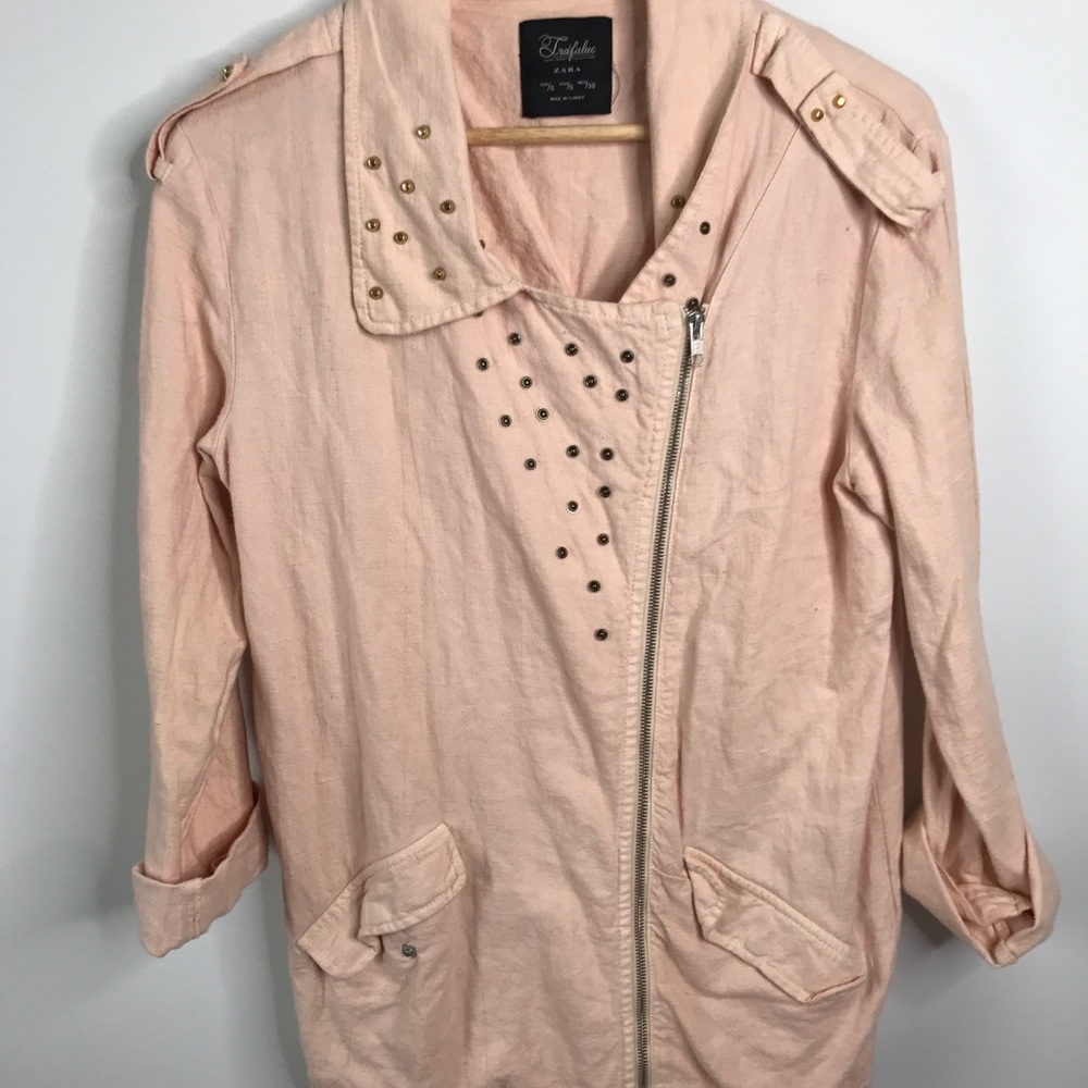 Zara Pink Linen Blend Full Zip Moto Jacket Studded